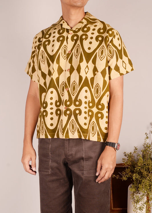 Vintage Batik Print Short Sleeve Shirt - Dark Green