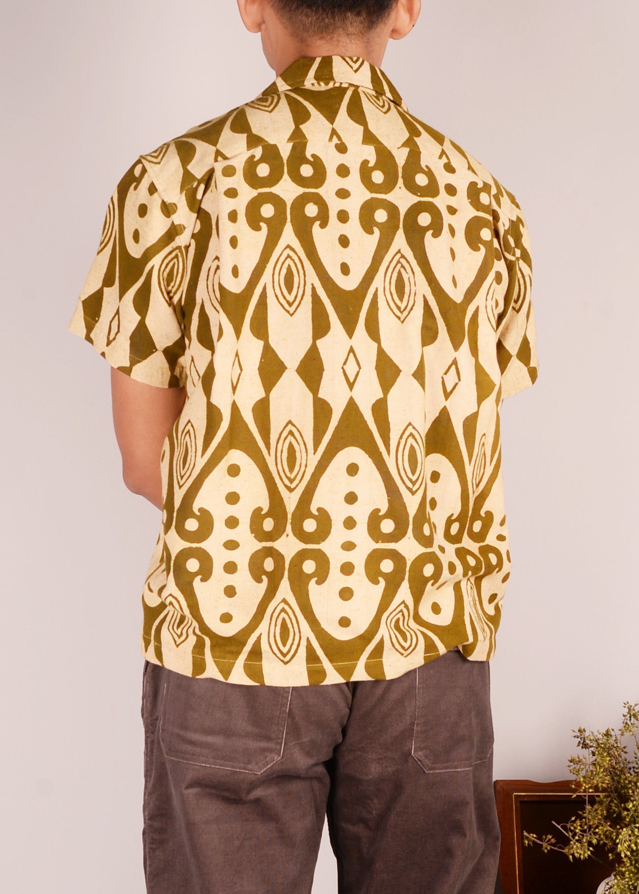 Vintage Batik Print Short Sleeve Shirt - Dark Green